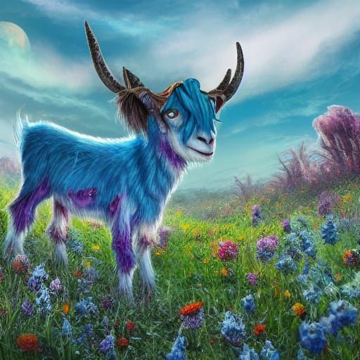 Ice Blue Zombie Goat in a Vibrant Wildflower Landscape with ...