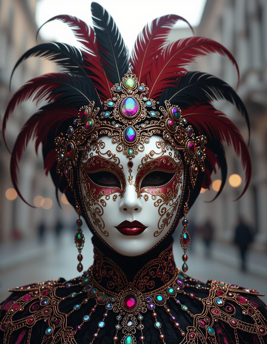 Ornate Venetian Carnival Mask in Folk Art Style