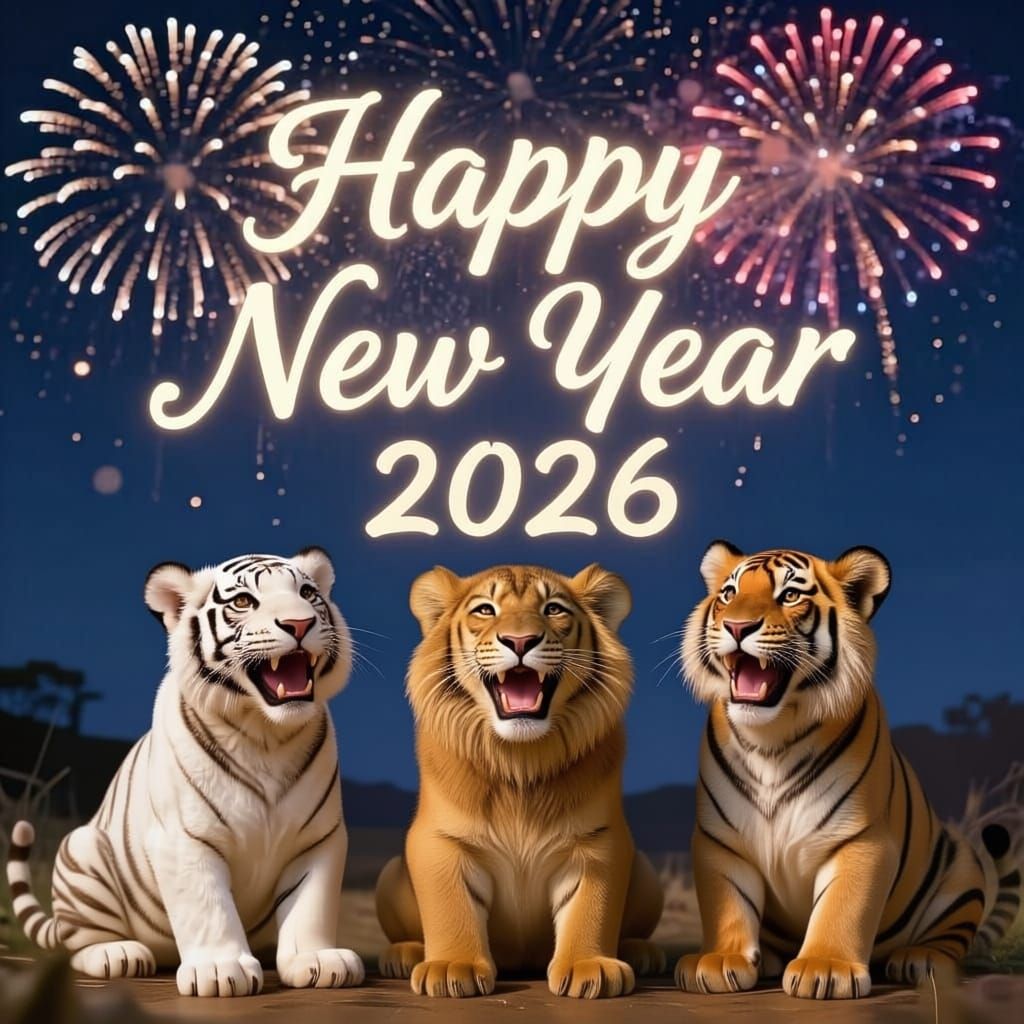 Fireworks Spell Happy New Year 2026 Above Awe-Struck Cubs