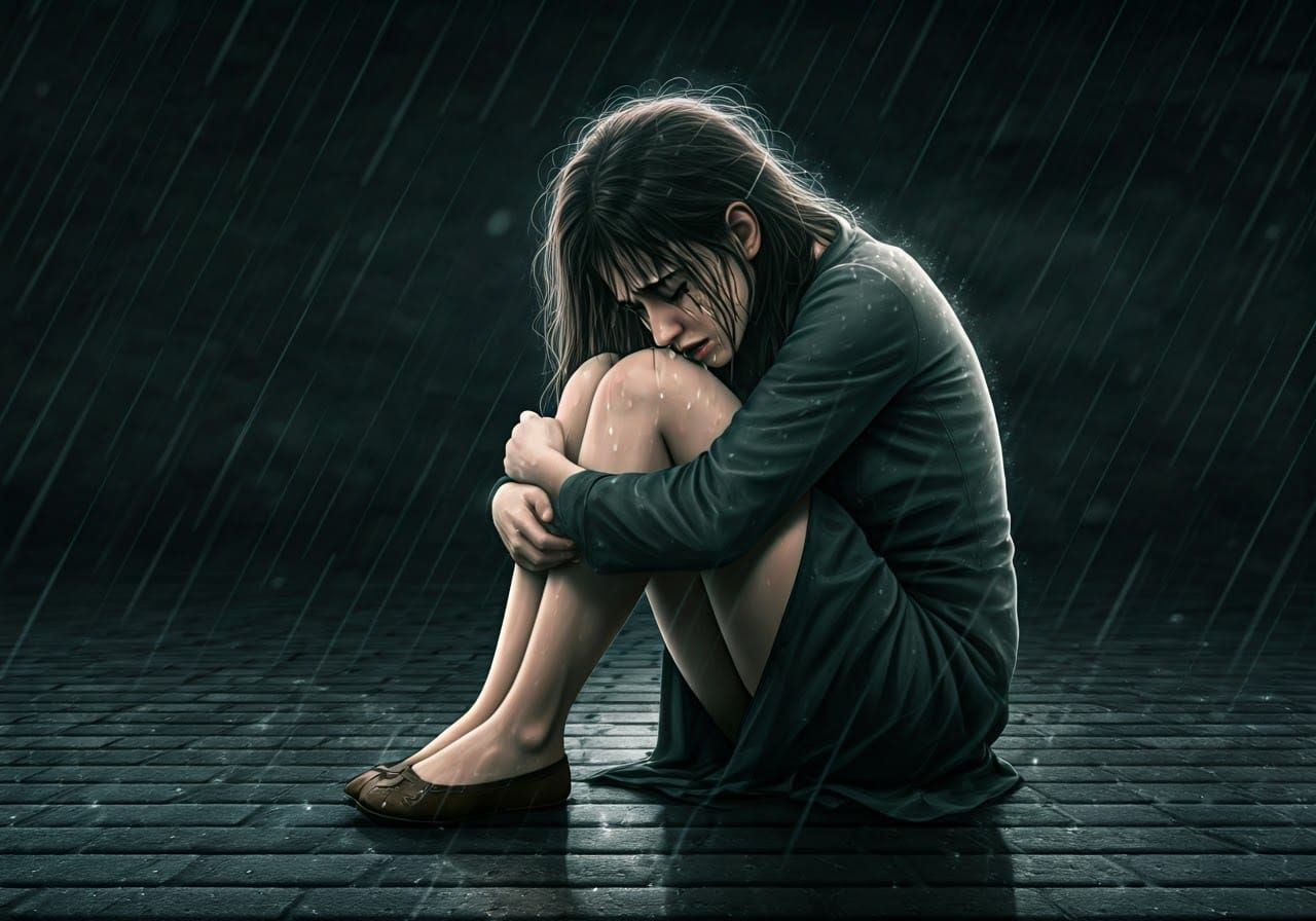 Emotional Woman Crying in the Rain, Expressive Art