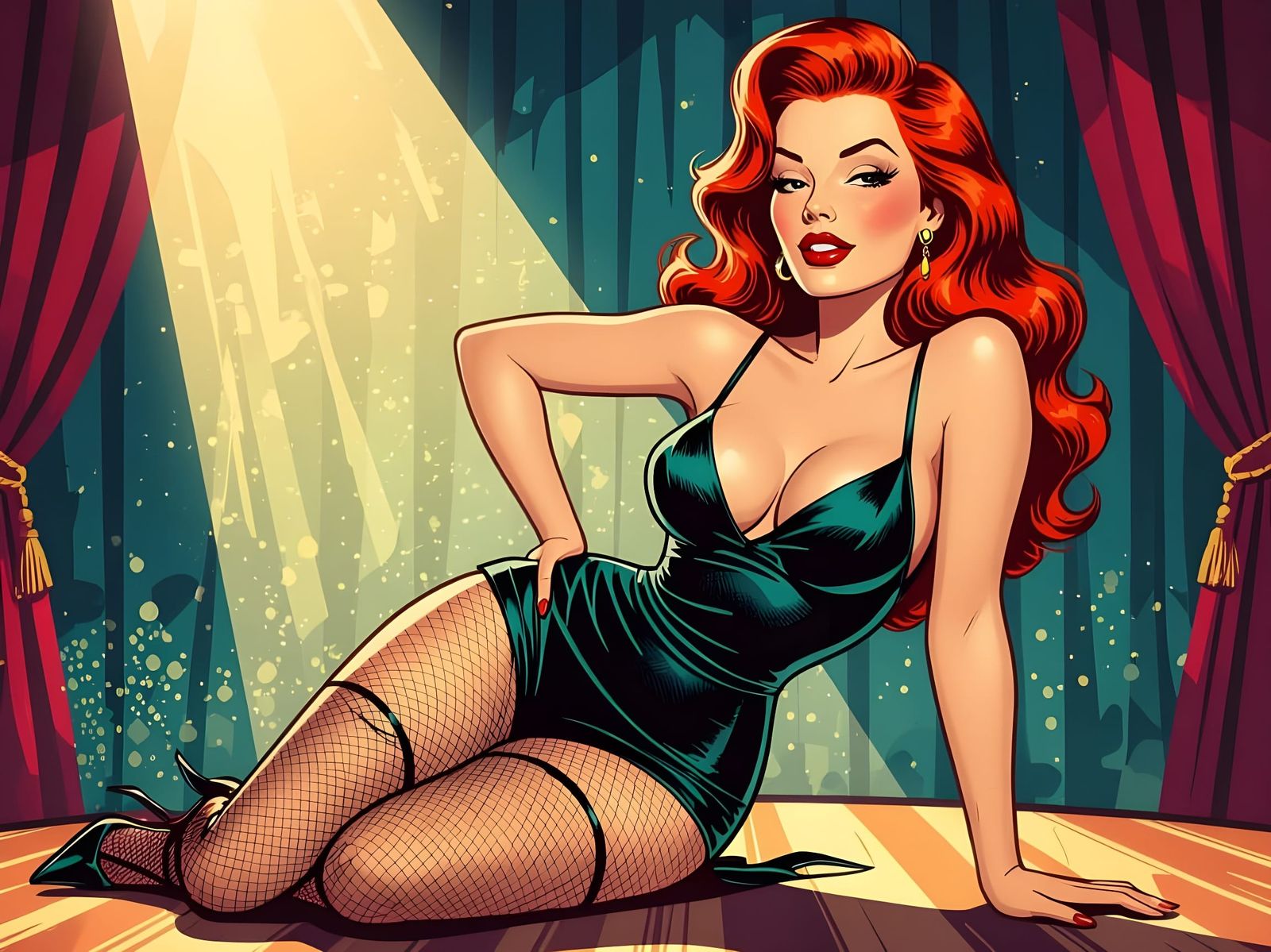Redhead Pin-Up Woman on Vintage Stage