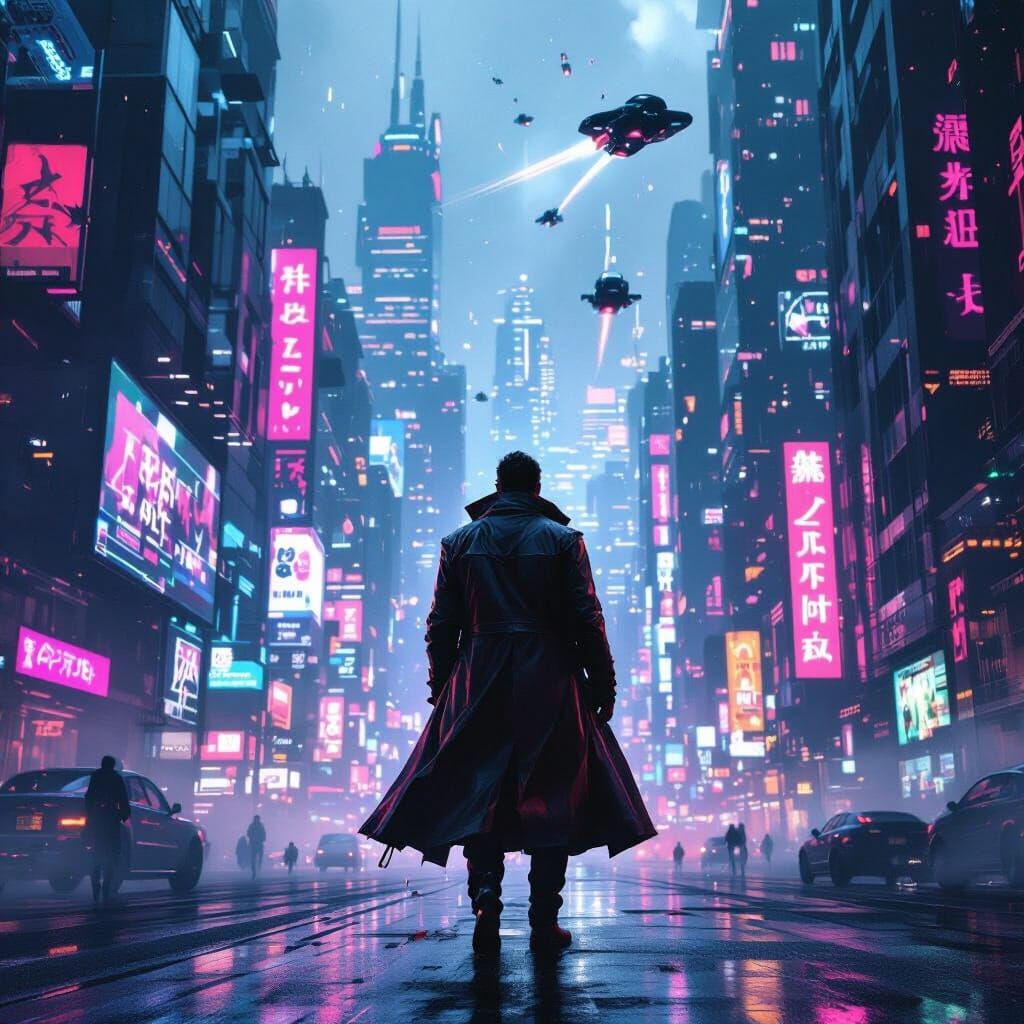 Cyberpunk Figure in Neon Dystopian Cityscape