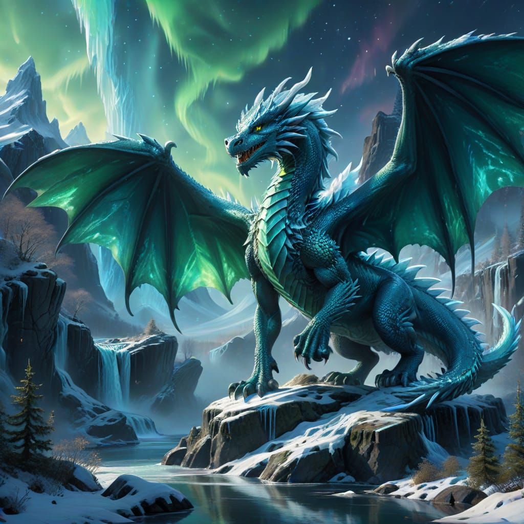 Ice Dragon Guards Winter Valley with Aurora Borealis