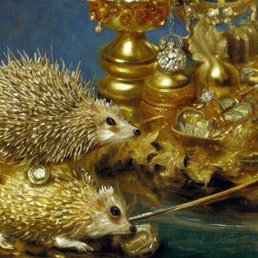 Hedgehog Discovering Worldly Riches as Oil Painting