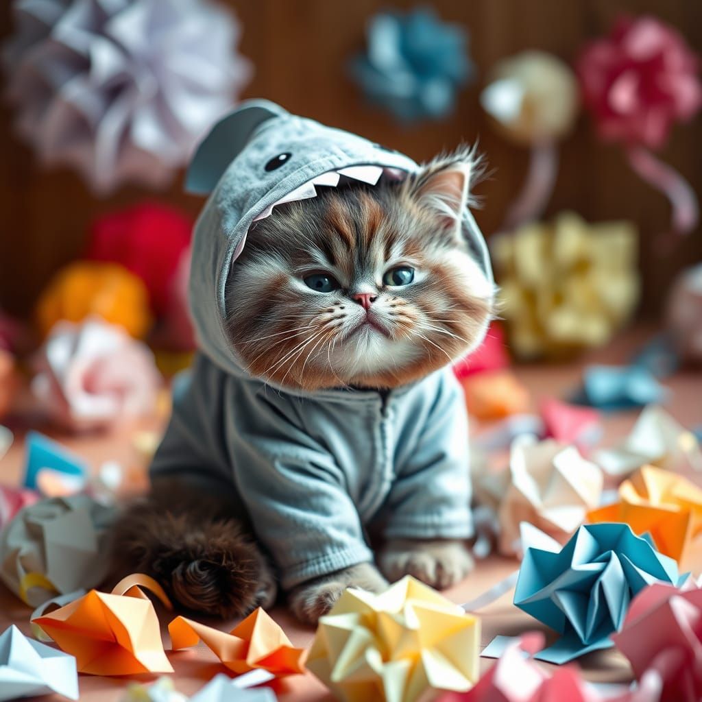 Plump Feline in Shark Onesie on Colorful Origami Floor