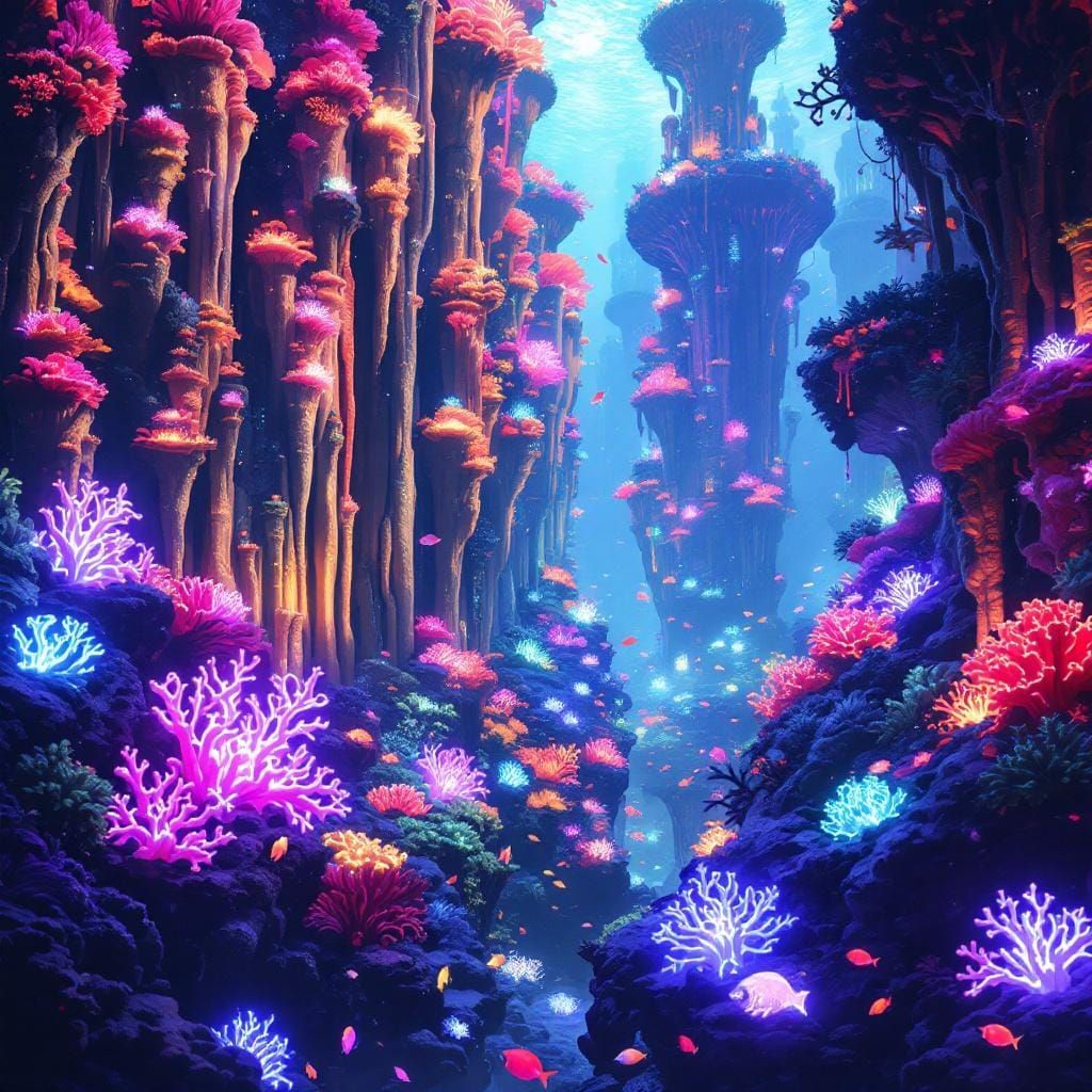 Bioluminescent Coral Metropolis for Alien Aquatic Life