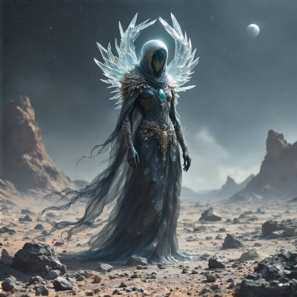 Ethereal Being on Asteroid with Volcanic Glass and Smoky Qua...