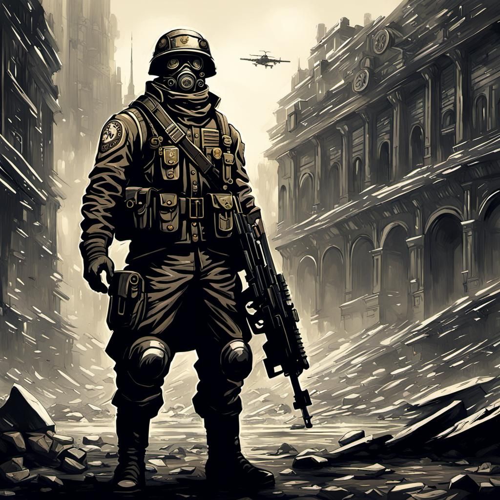 Dieselpunk Soldier in Dystopian World