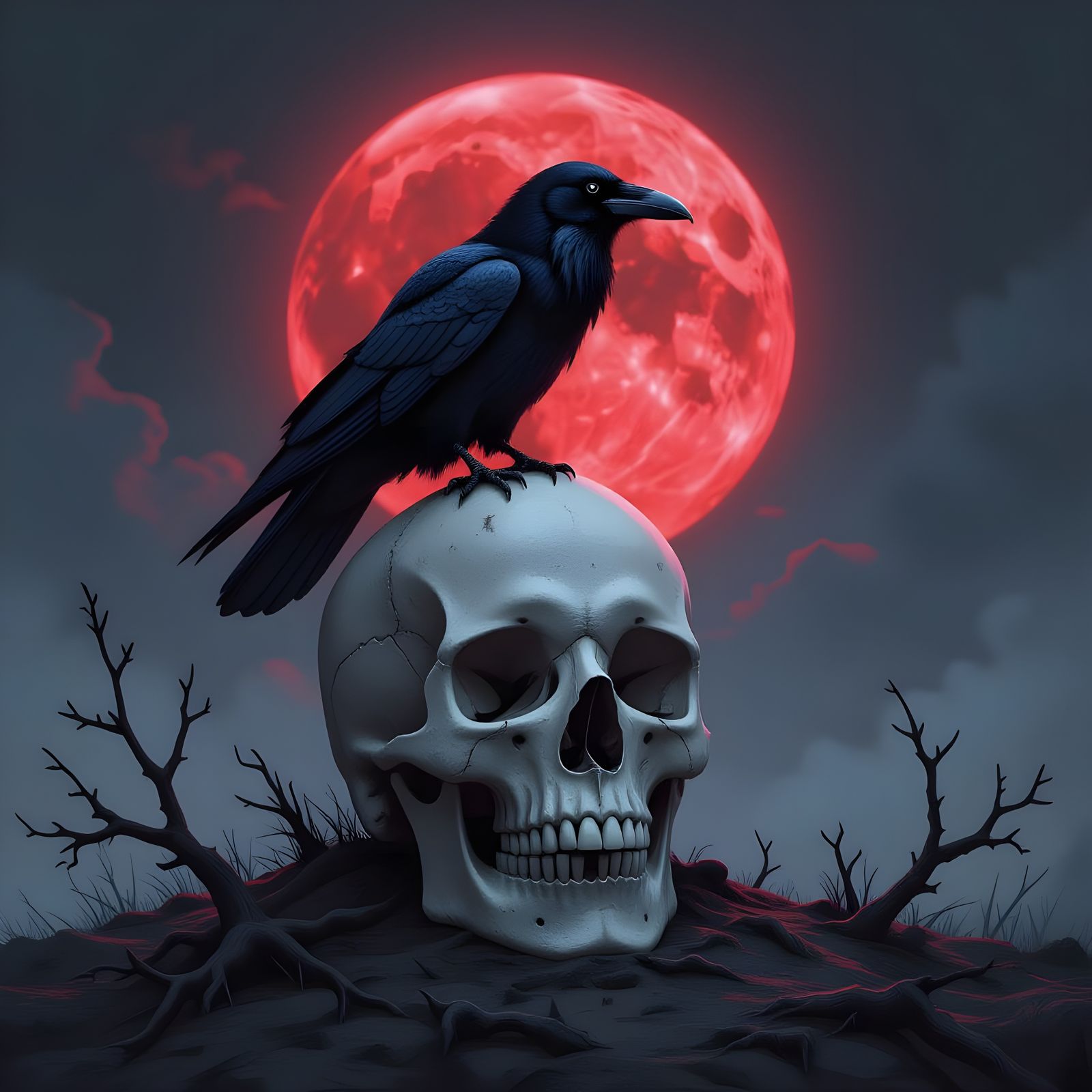 Raven on Skull Under Red Moon in Fantasy Style