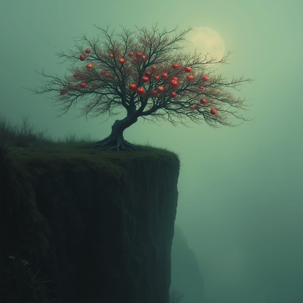 Eerie Silver Tree Overlooks Misty Abyss