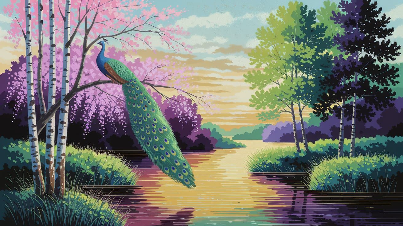 Peacock on Cherry Blossom Tree Branch, Impasto Oil Painting