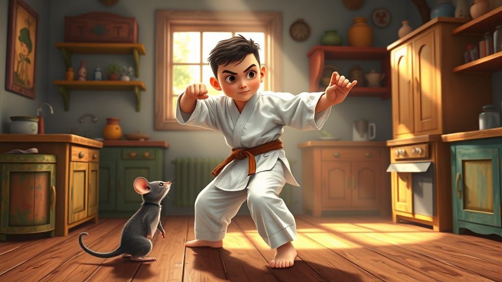 Cute Karate Kid in Whimsical Kitchen, Pixar Style