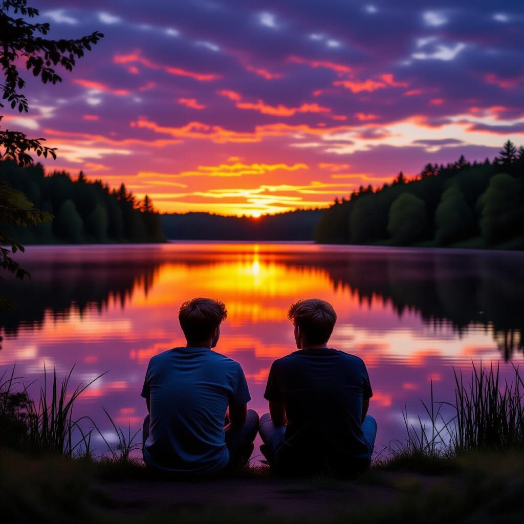 Sunset Lake Landscape with Two Figures