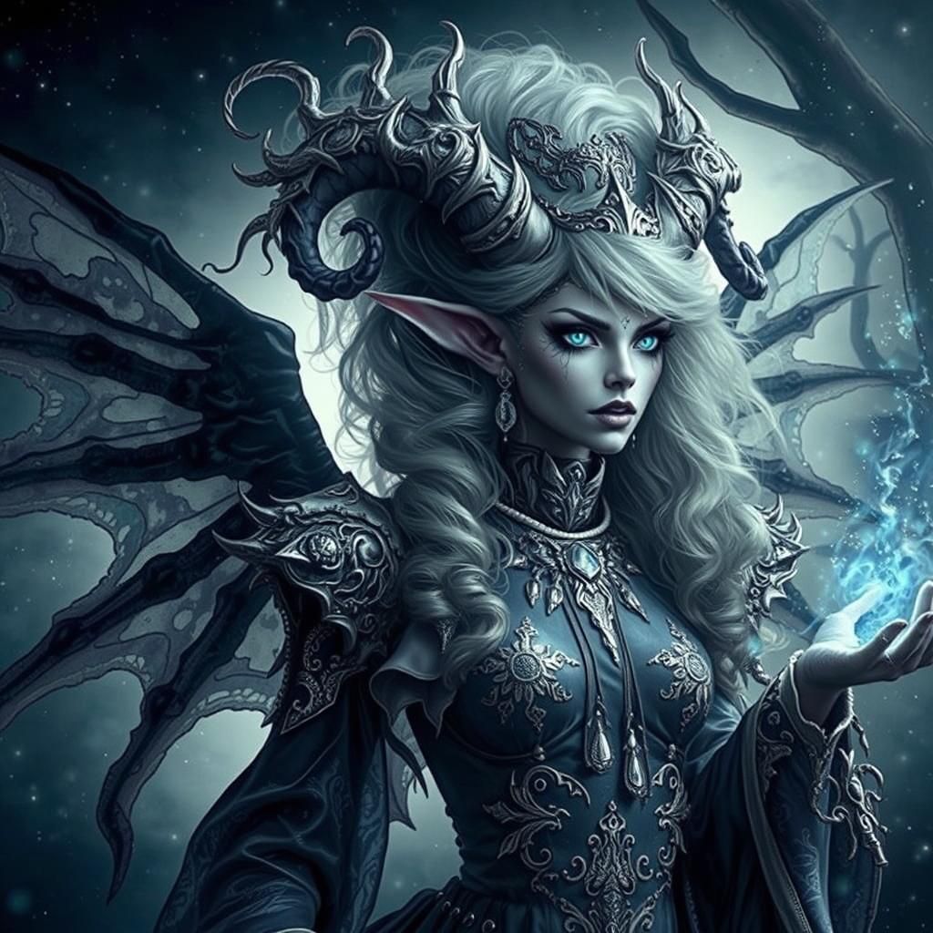 Hyper-realistic beautiful ethereal tiefling demon necromancer with blue exotic magic surrounding her