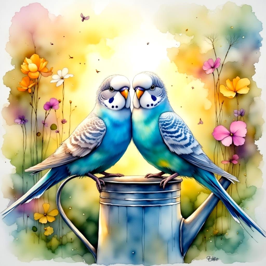 Blue and White Budgies in Watercolor Garden
