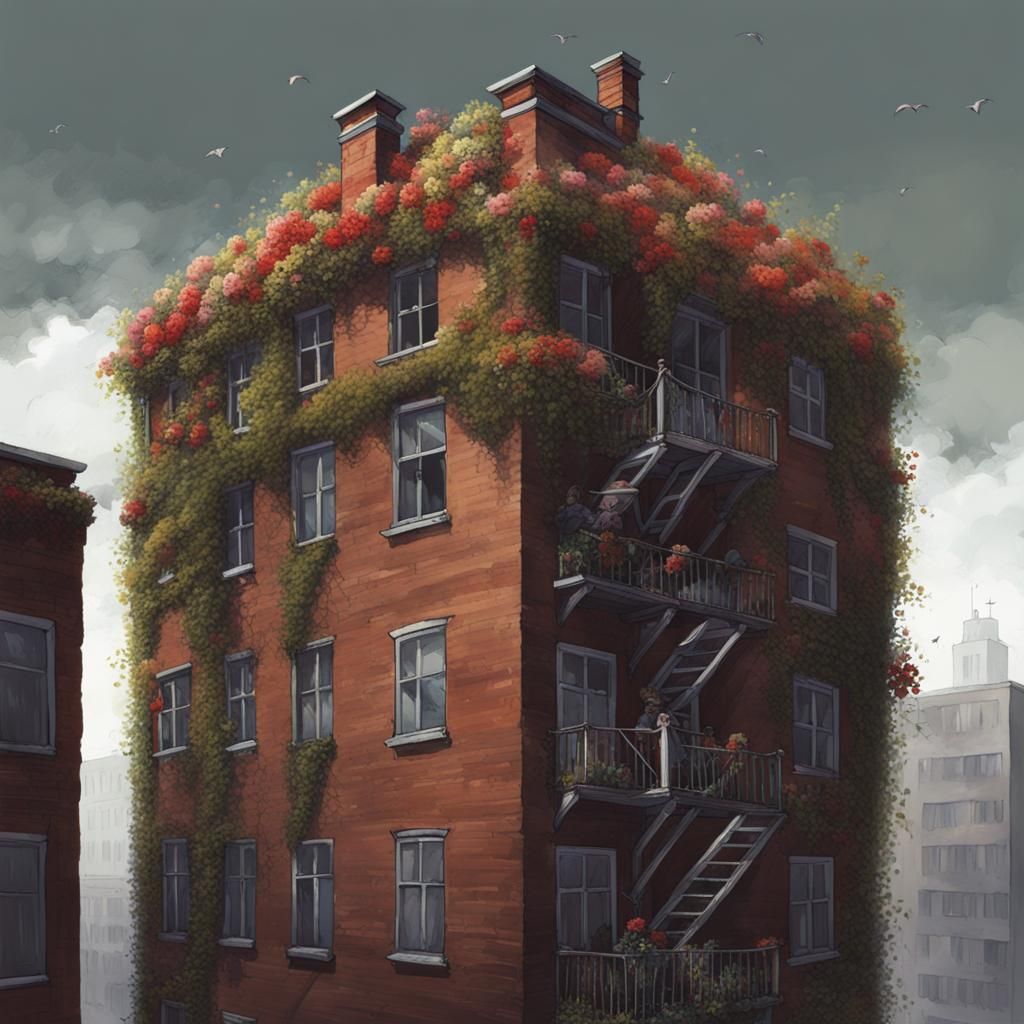 Sinister Multi-Story House Roof with Flowers