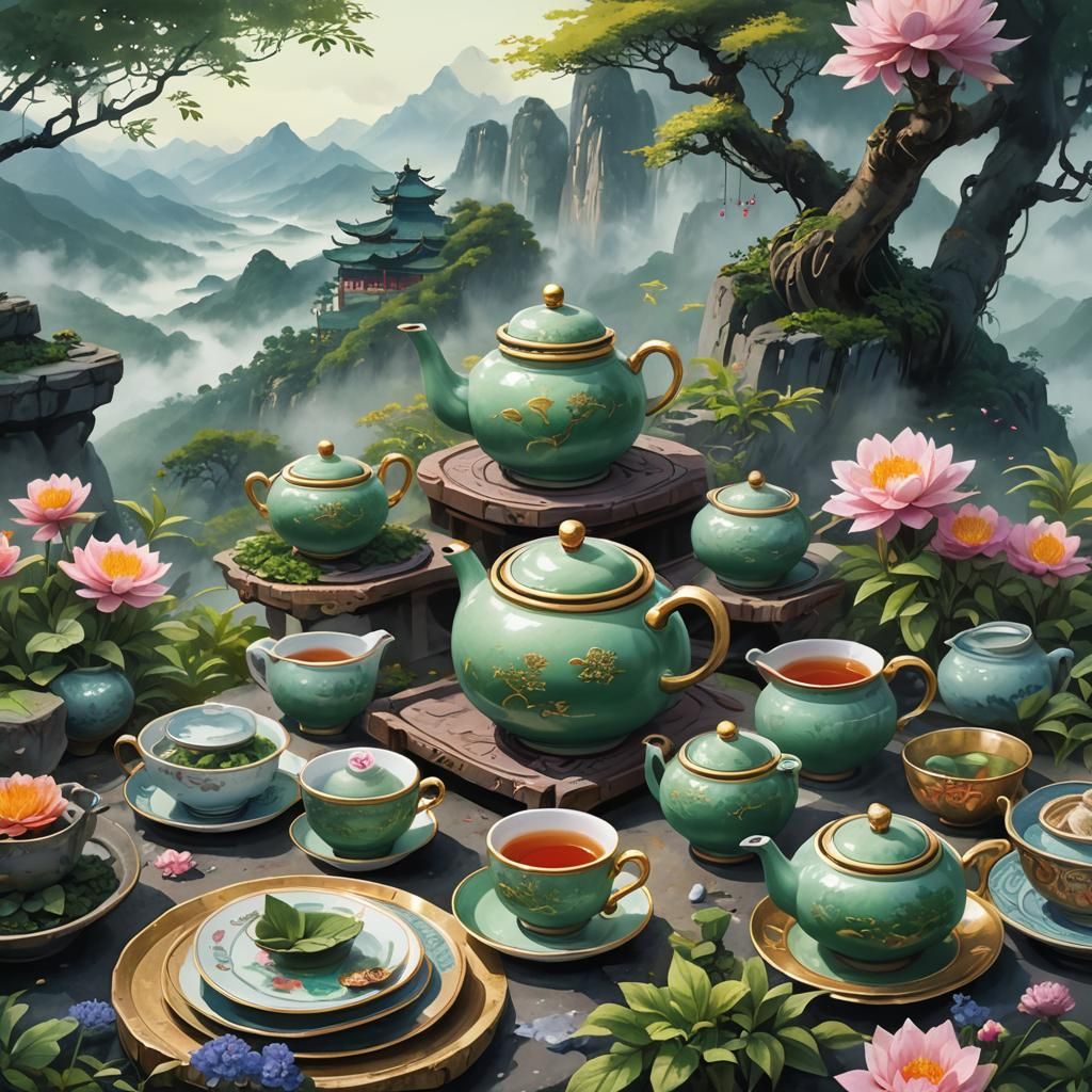 Ancient China Tea Set in Mystical Forest