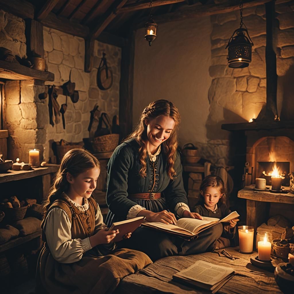 Brown Haired Medieval Peasant Woman Reading Her Children a Story