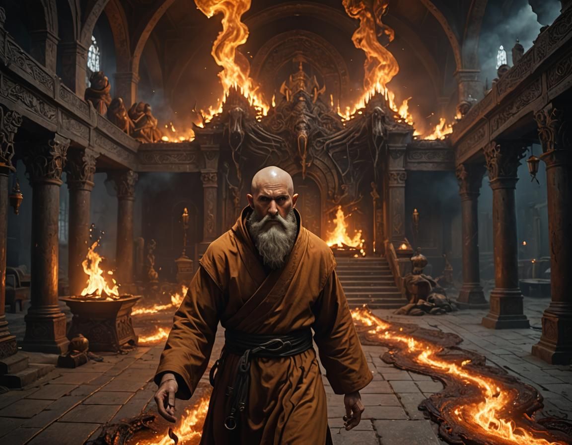 Eldritch Horror: Monk Training in Burning Monastery