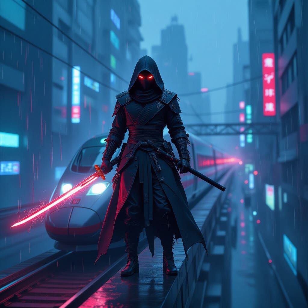 Cyberpunk Ninja on Bullet Train with Neon Katana