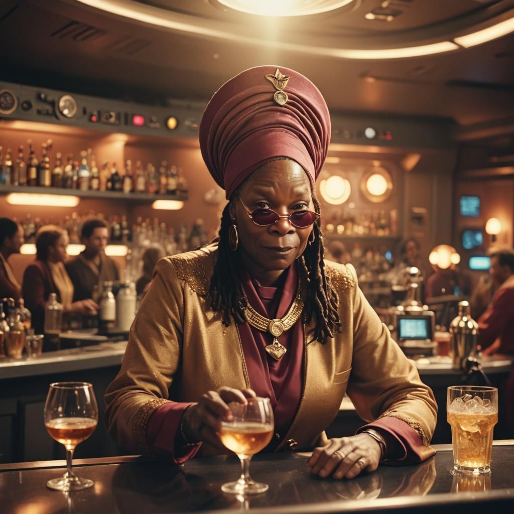 Guinan Behind the Bar: Cinematic Still from Star Trek