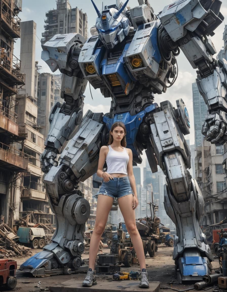 Mechanic Woman Repairs Giant Unicorn Gundam Mecha