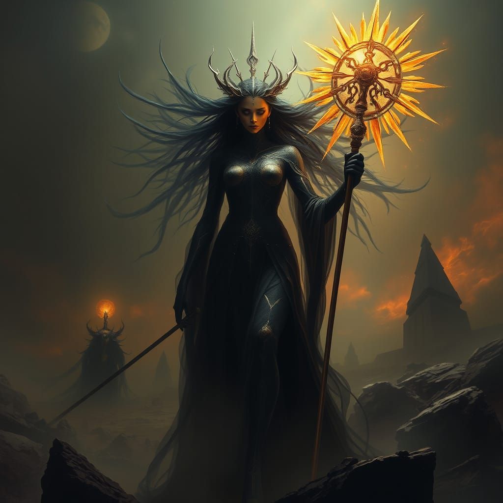 Ethereal Entity Wielding Golden Staff in Surreal Landscape