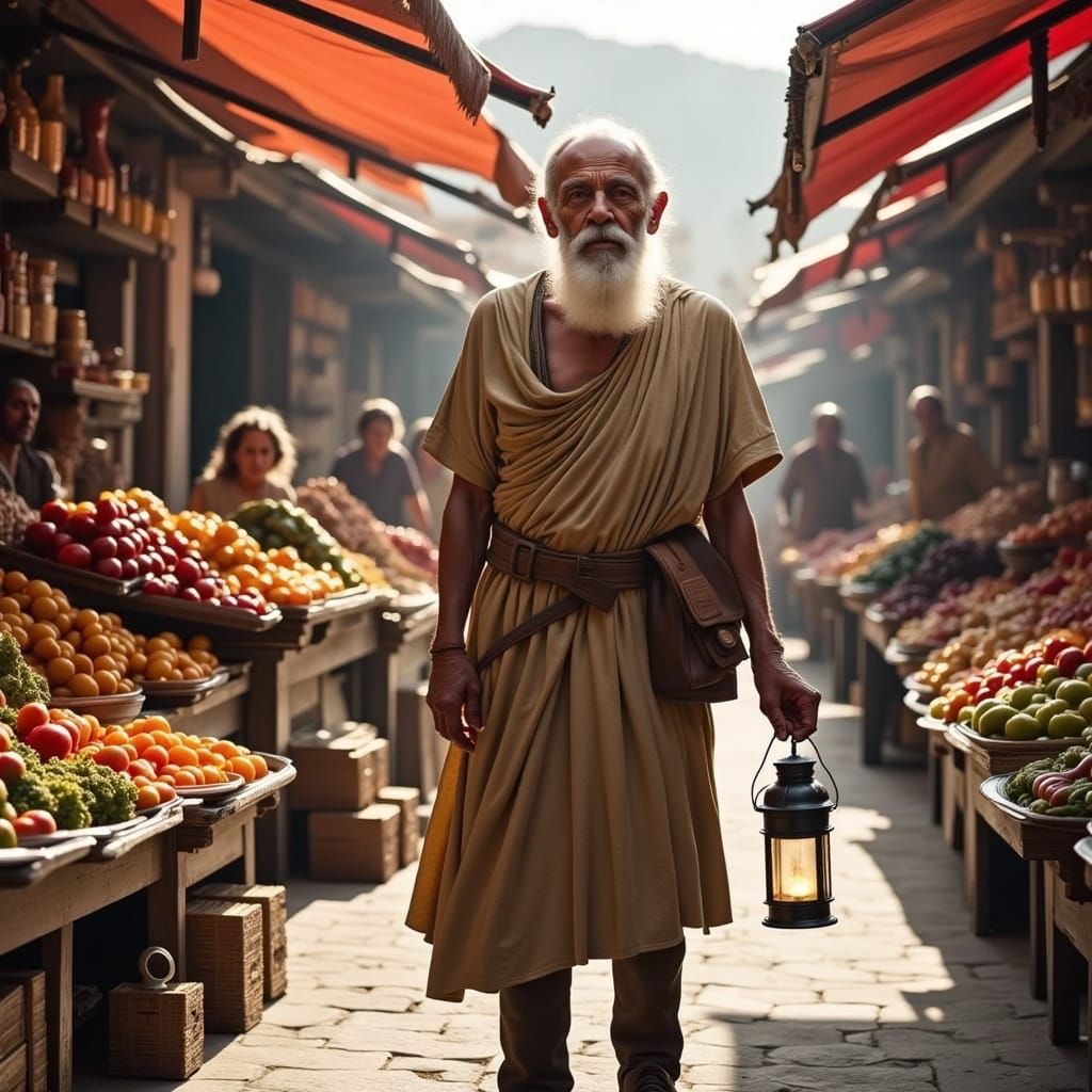 Elder Philosopher Searches Ancient Market with Lantern in Ha...