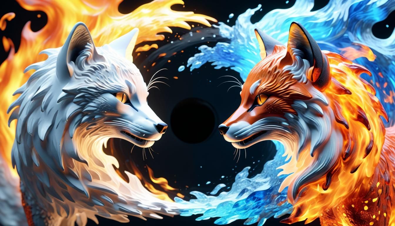 Dualistic Fire and Ice Fox in Hyperrealism