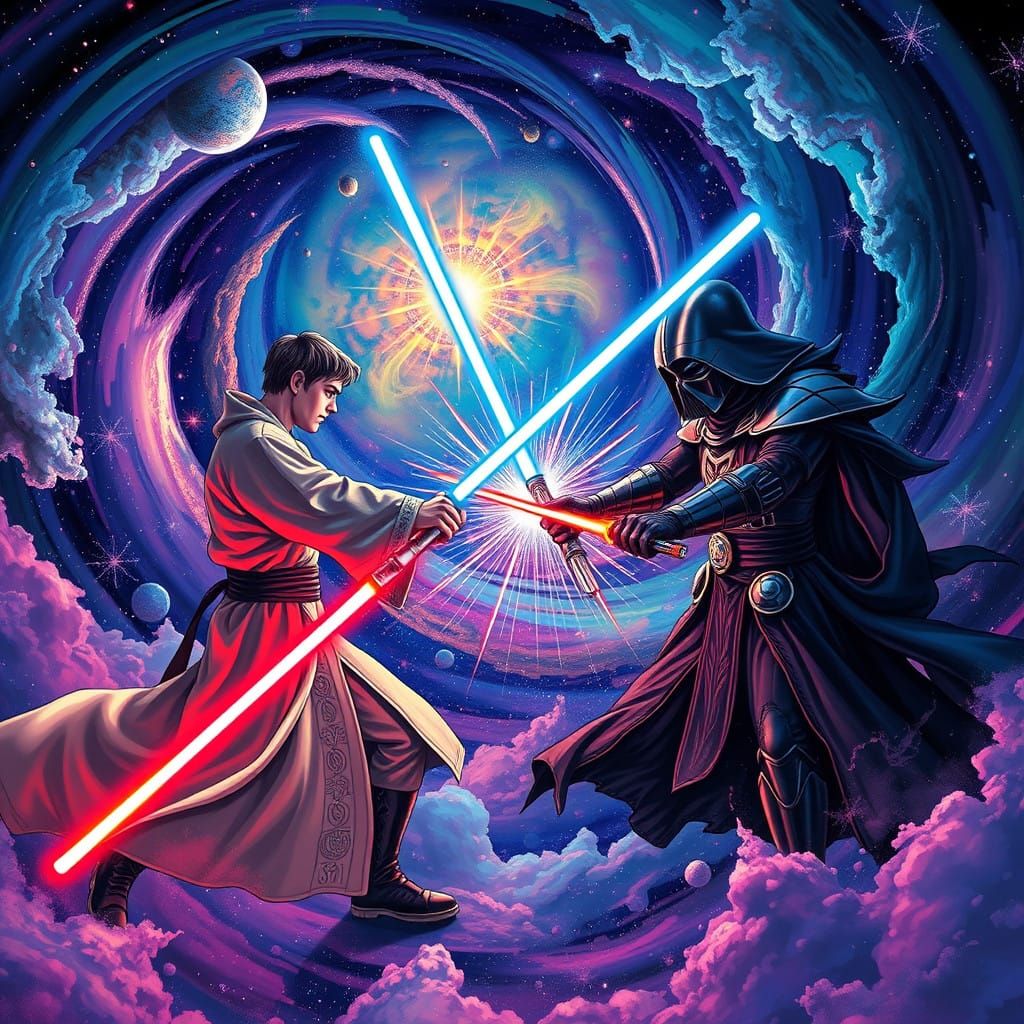 Epic Lightsaber Duel in Celestial Galaxy