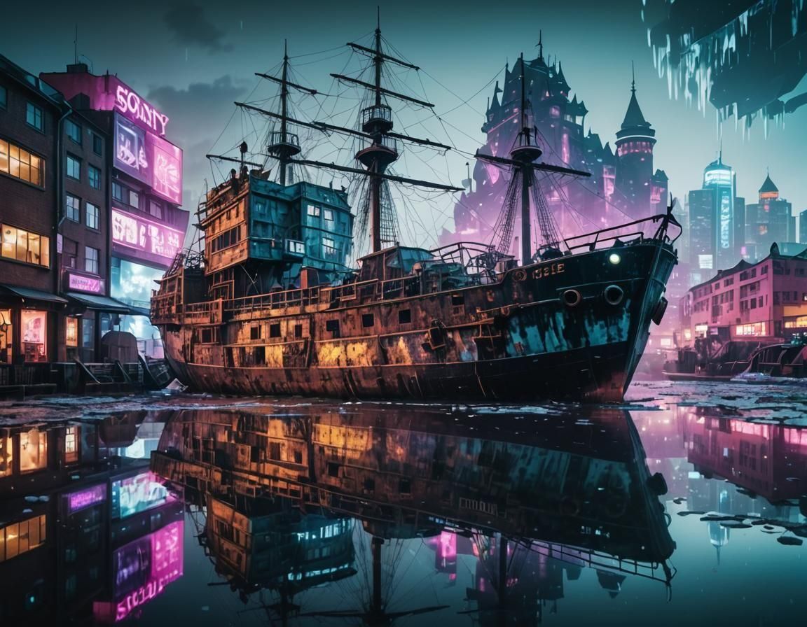 Cyberpunk Ship Reflection in Icy Cityscape