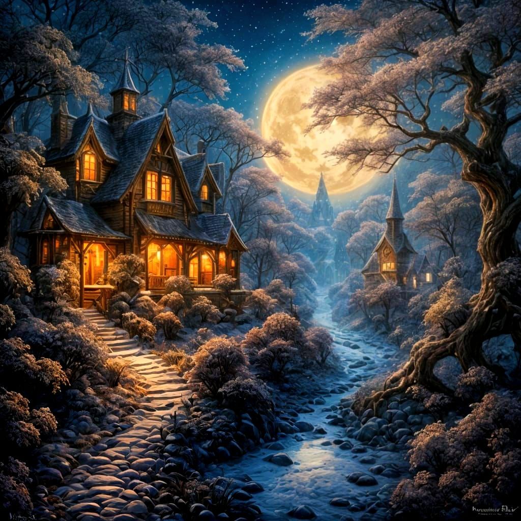 Winter Fantasy Village in Snowy Forest Detail