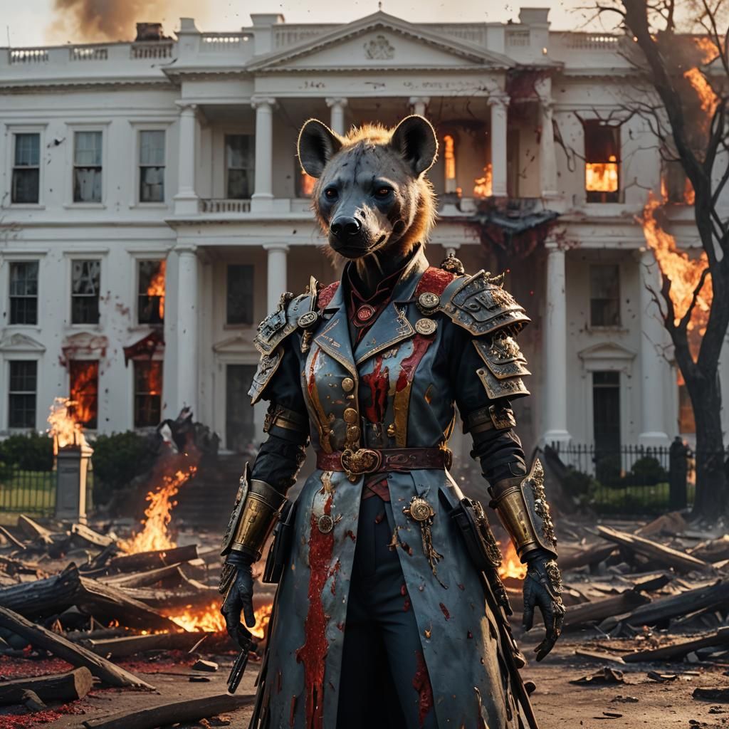 Humanoid Hyena in Presidential Suit Before Burning White Hou...