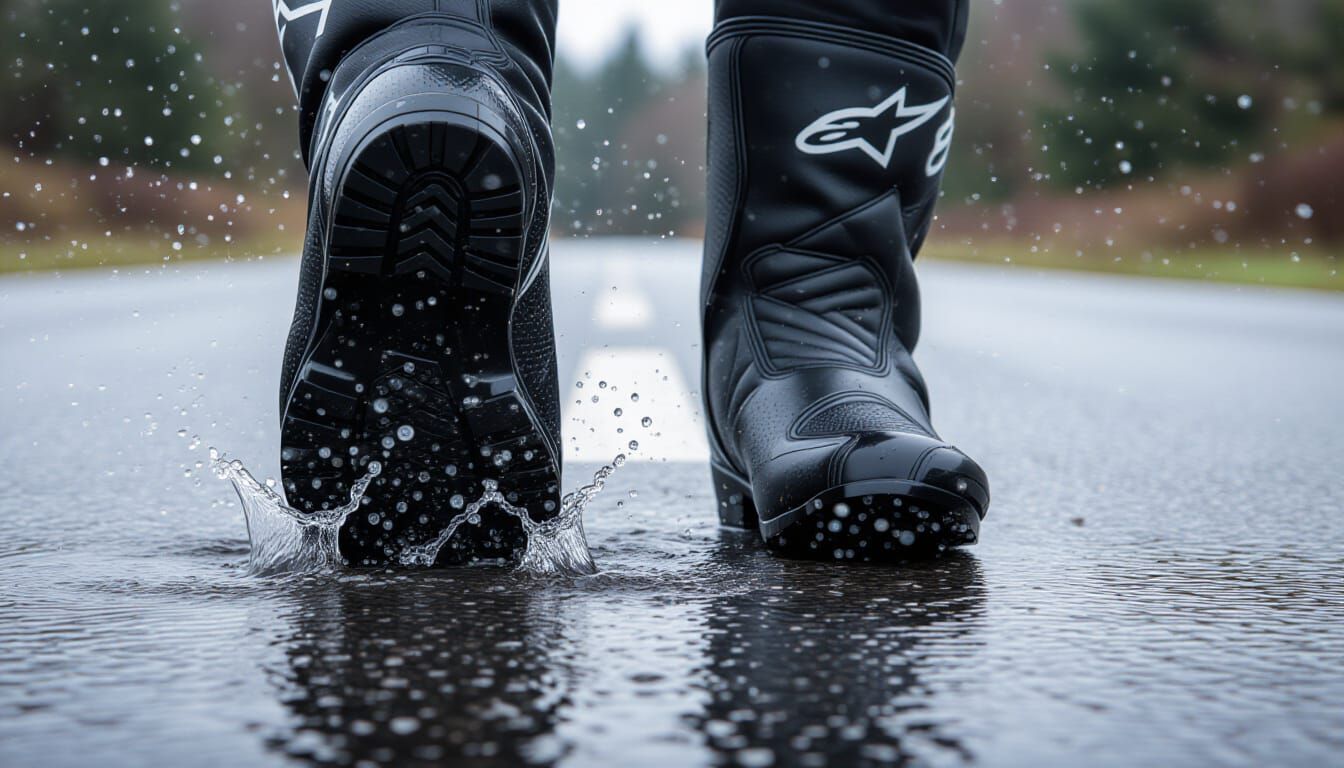Macro Motorcycle Boot Sole Splashing on Wet Asphalt
