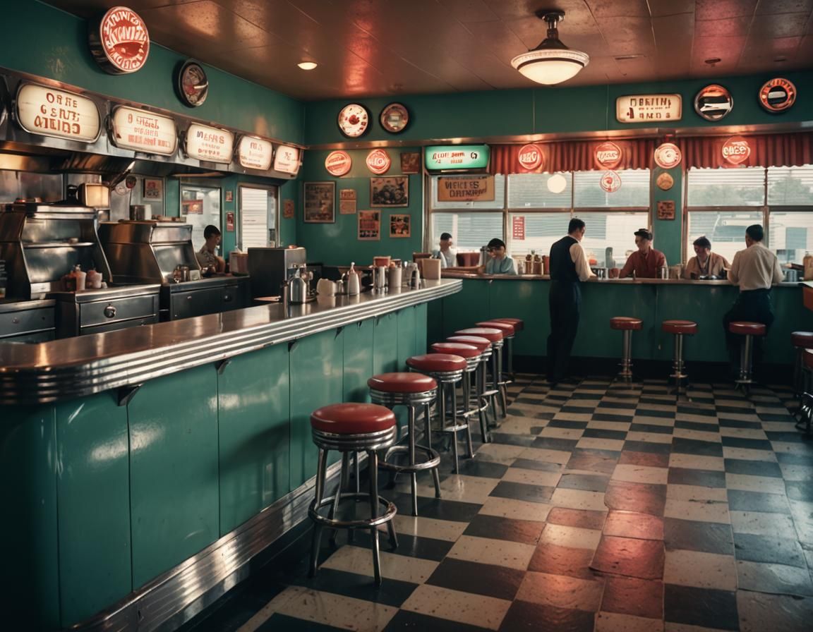 Iconic 1950's American Diner: Cinematic Film Still