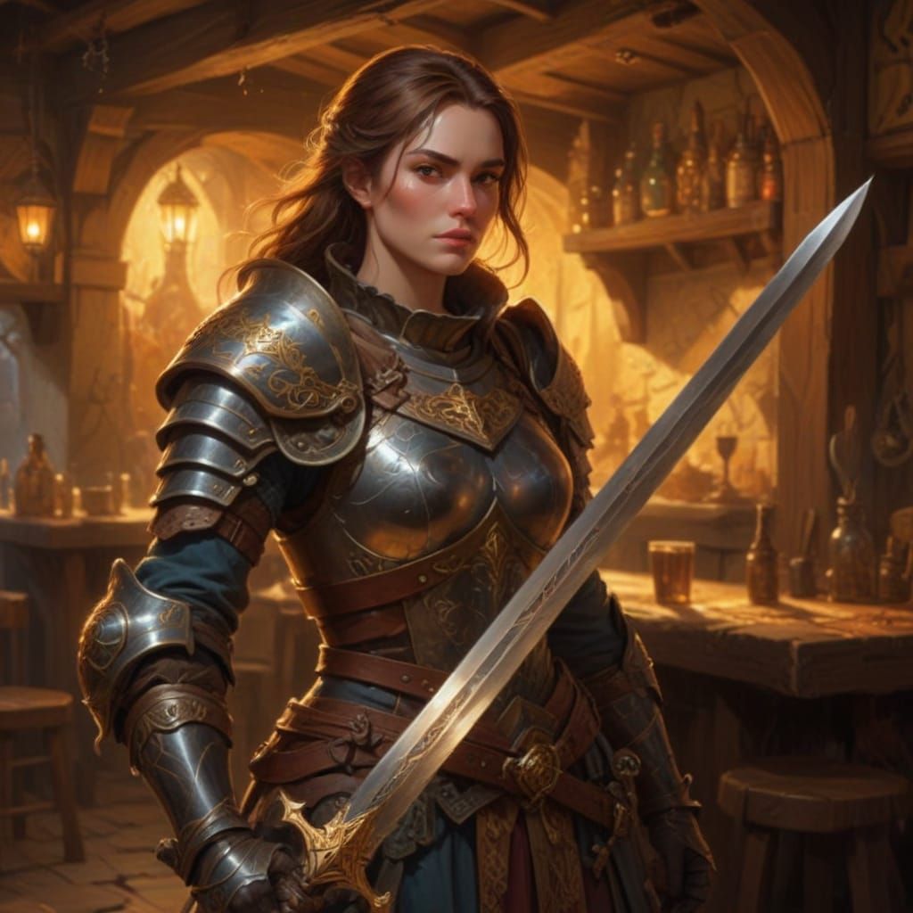 Adventurous Knight with Sword in Tavern, Fantasy Art