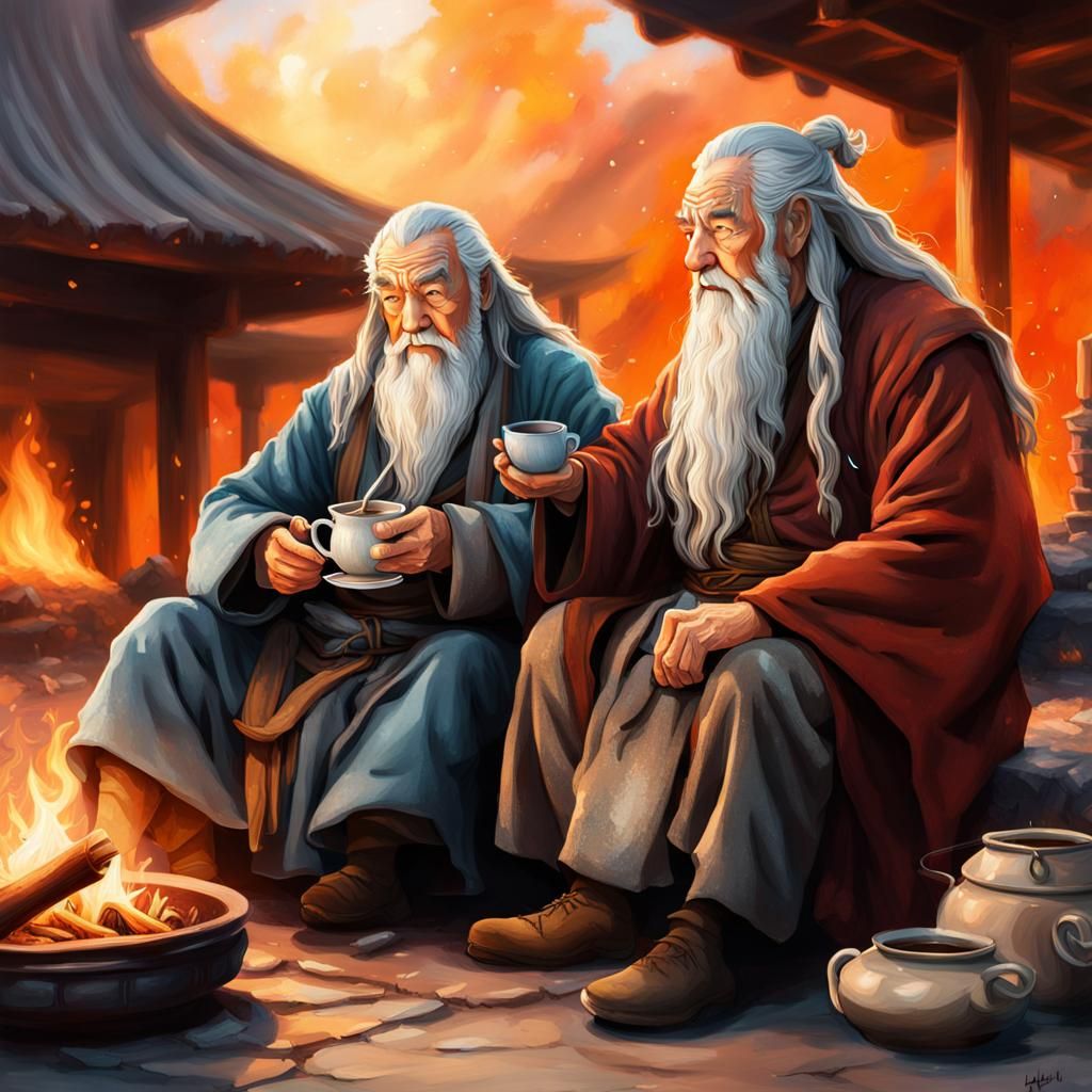 Gandalf and Uncle Iroh Share a Heartwarming Tea in a Vibrant...