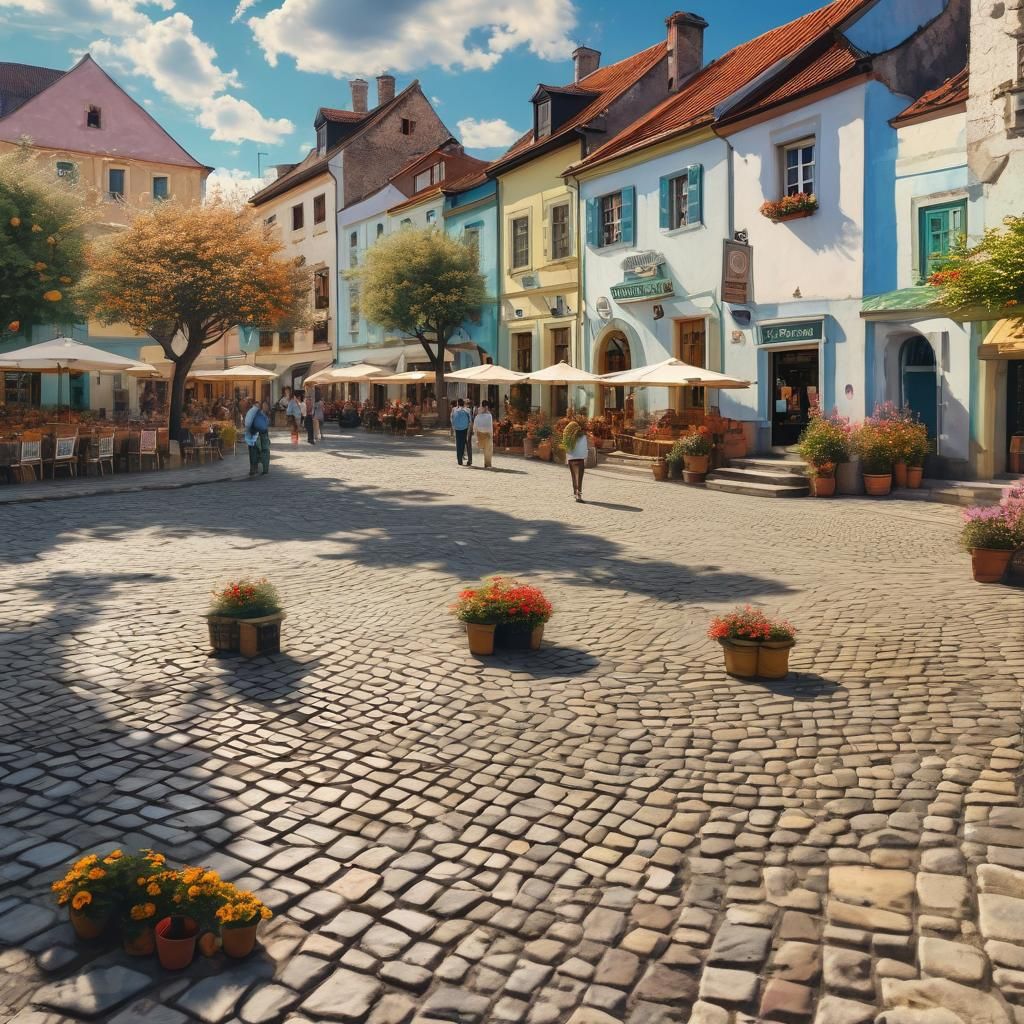 Impressionistic Town Square in Warm Sunlight
