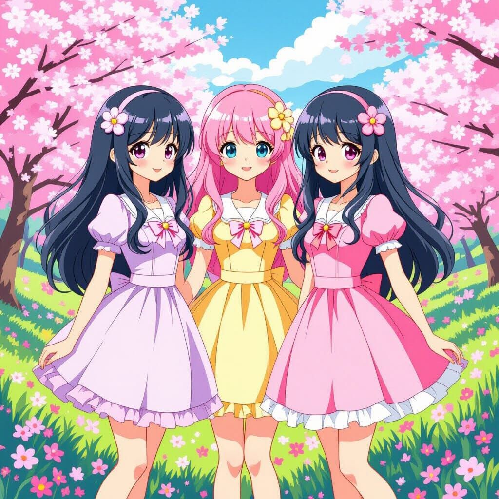Kawaii Anime Girls in Cherry Blossom Landscape