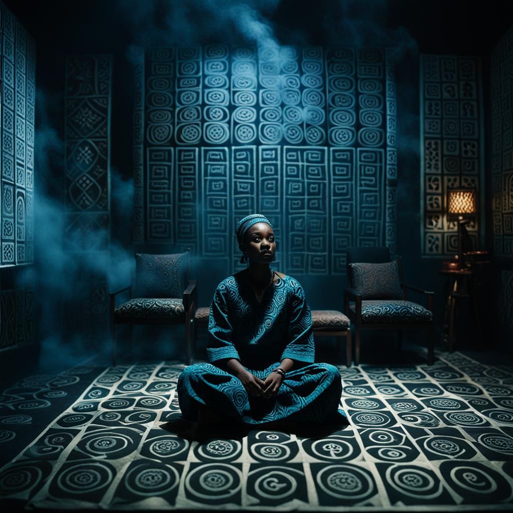 Woman in Adinkra Textile Pattern, Cinematic Still