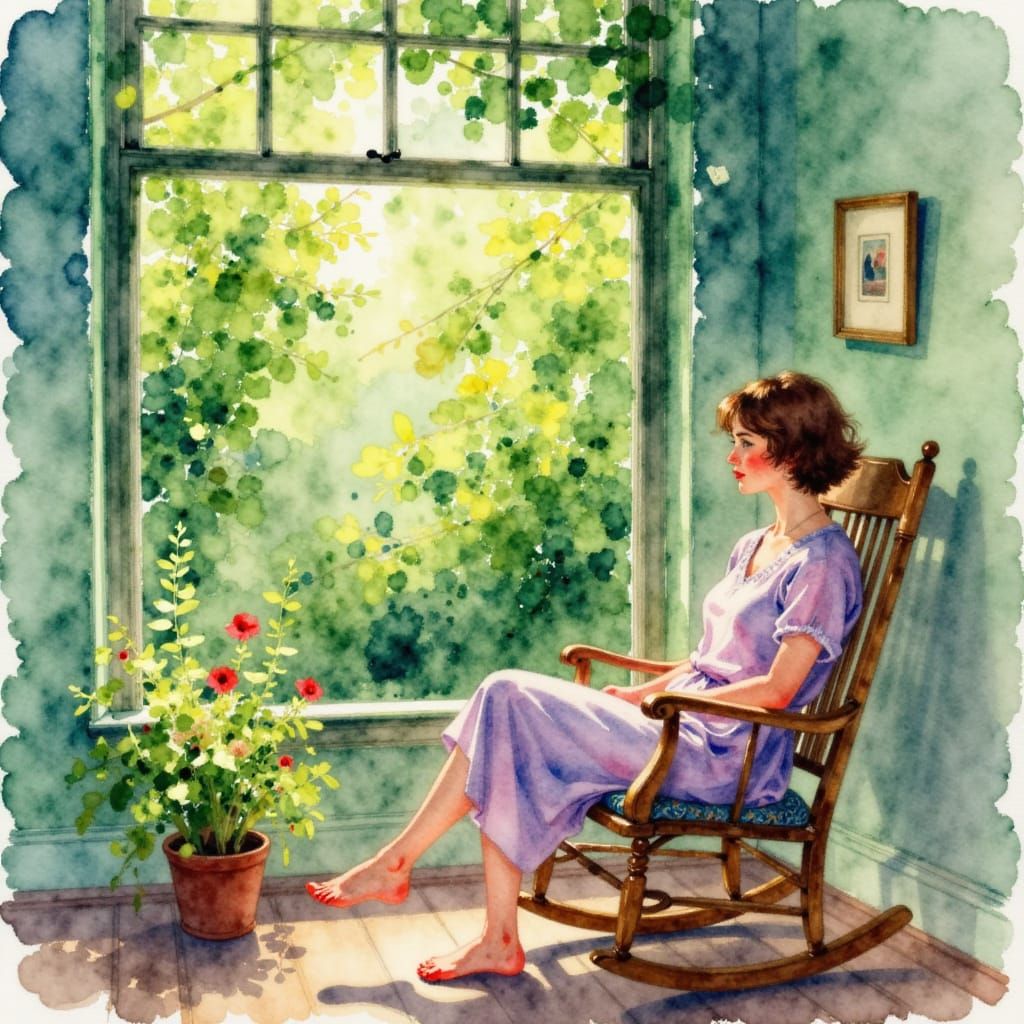 Woman in Forest View, Expressive Watercolor Style