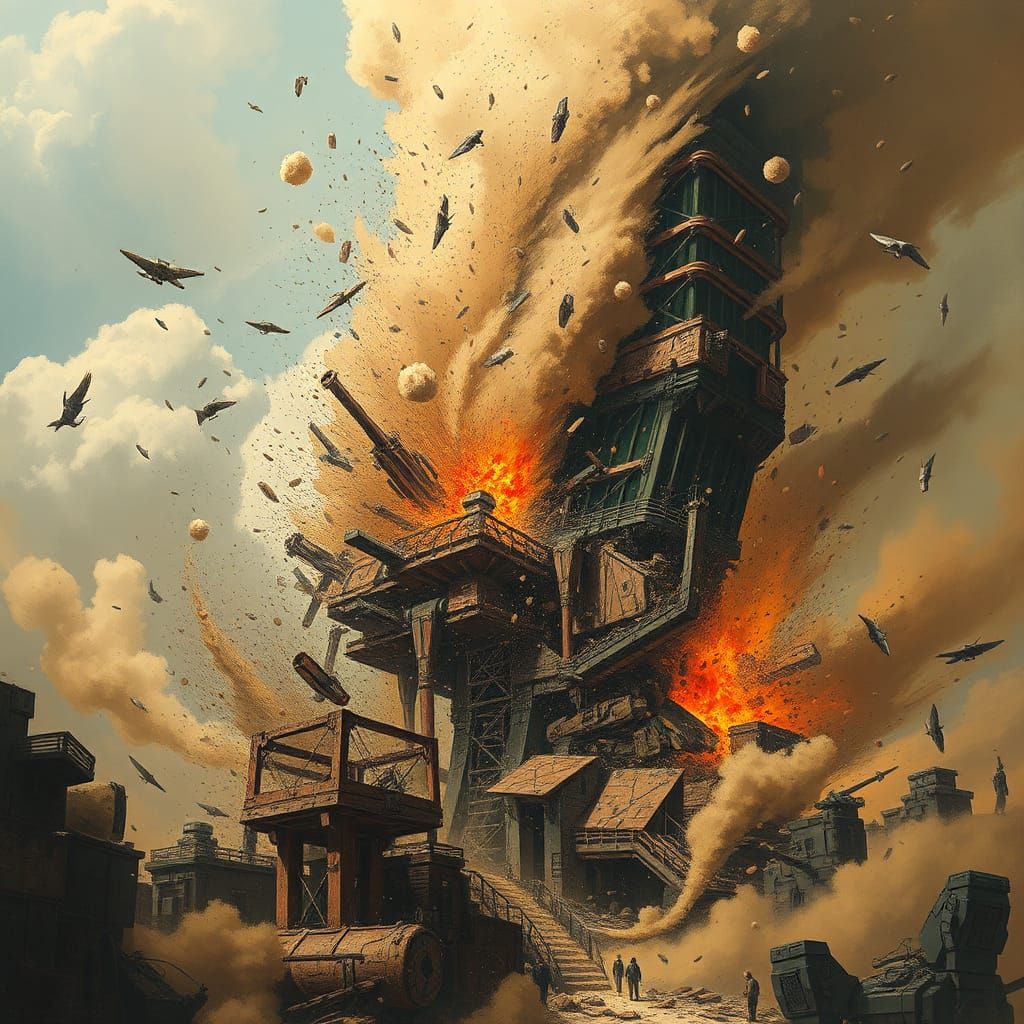 Catastrophic Building Collapse in Sci-Fi Noir Style