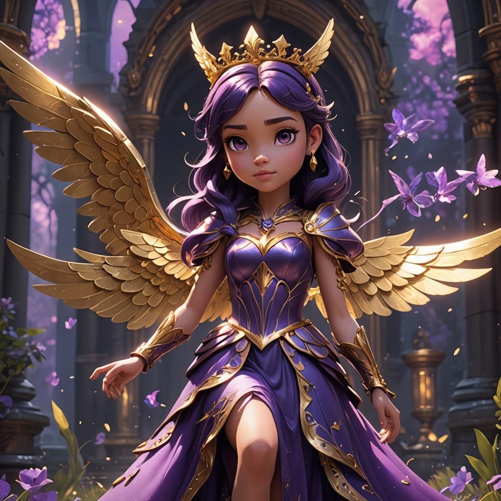 Cartoon Princess with Gold Wings in Video Game Art