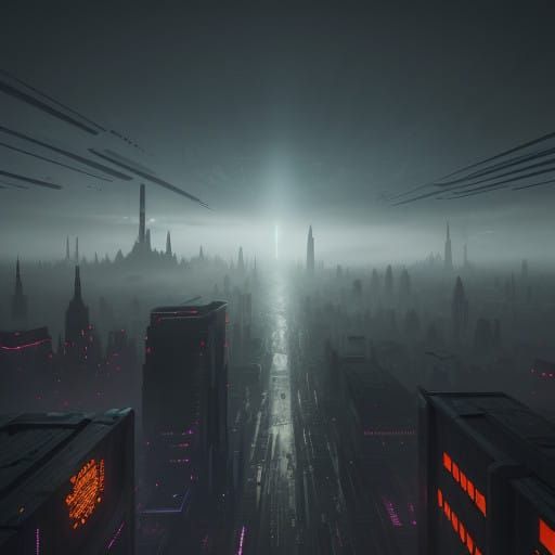 Cyberpunk Cityscape in Ominous Haze