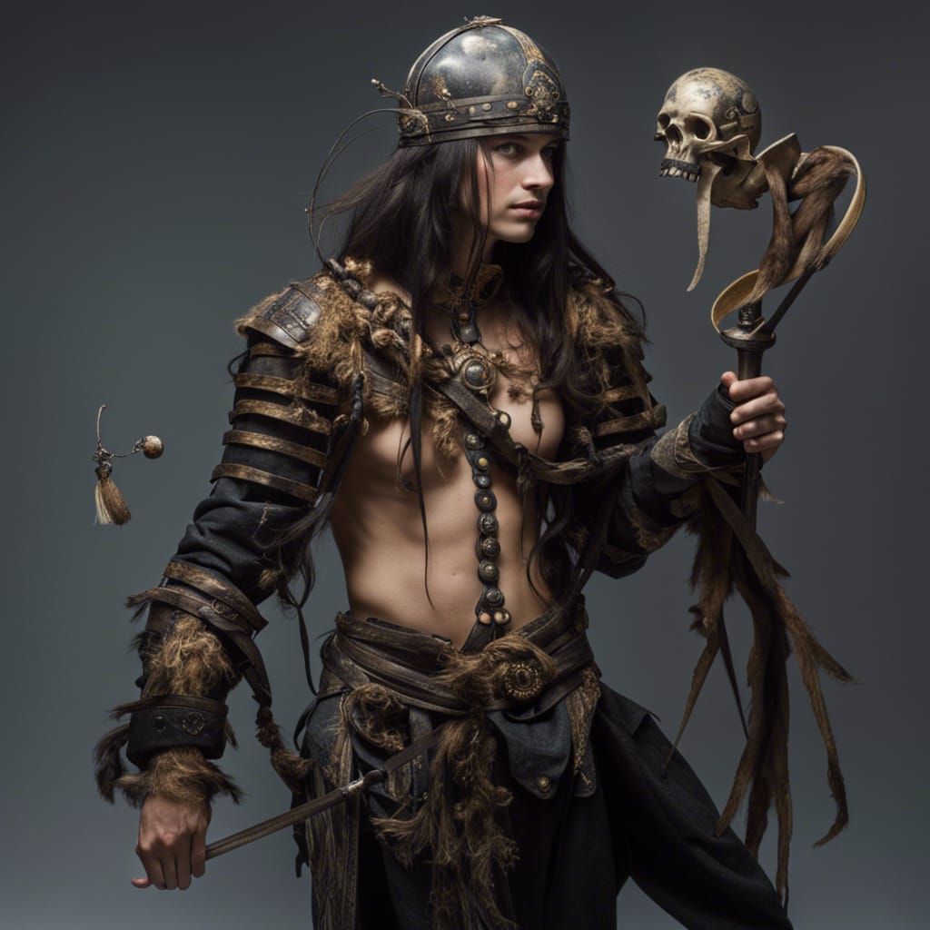 Slender Young Mage in Red Gown with Magic Staff