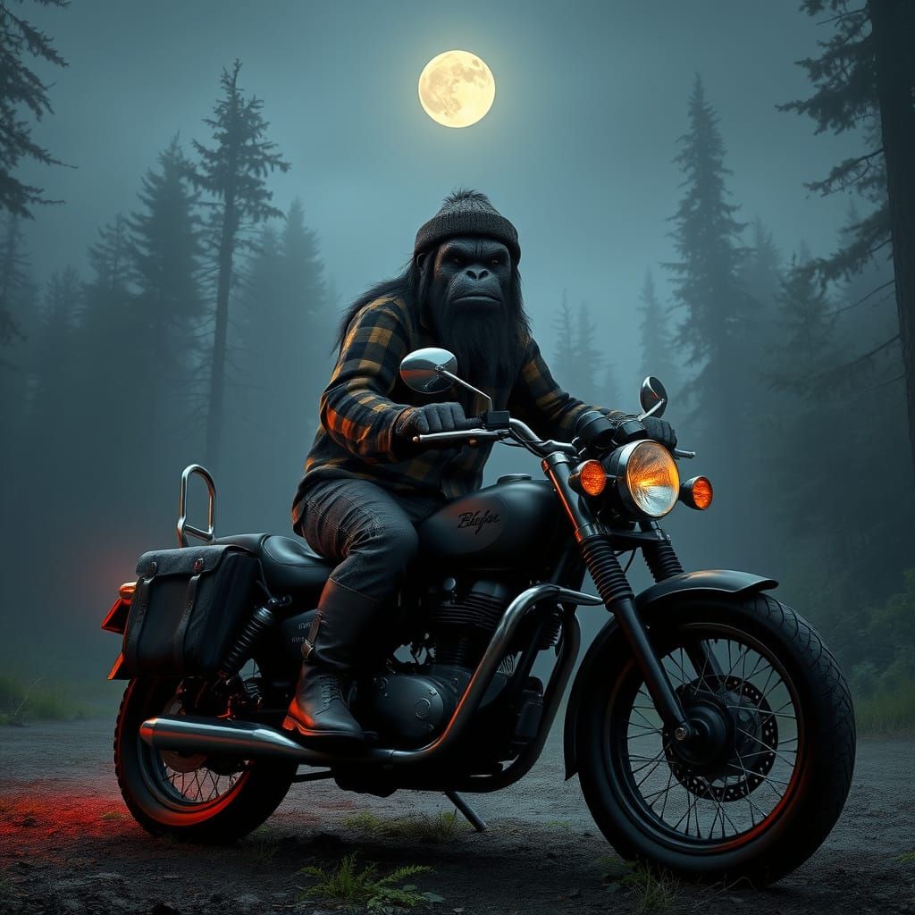 Bigfoot on Motorcycle in Misty Forest, Cinematic Lighting
