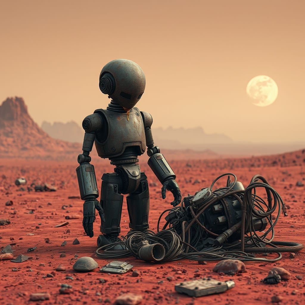 Rusted Robot Mourns Companion in Alien Crimson Landscape