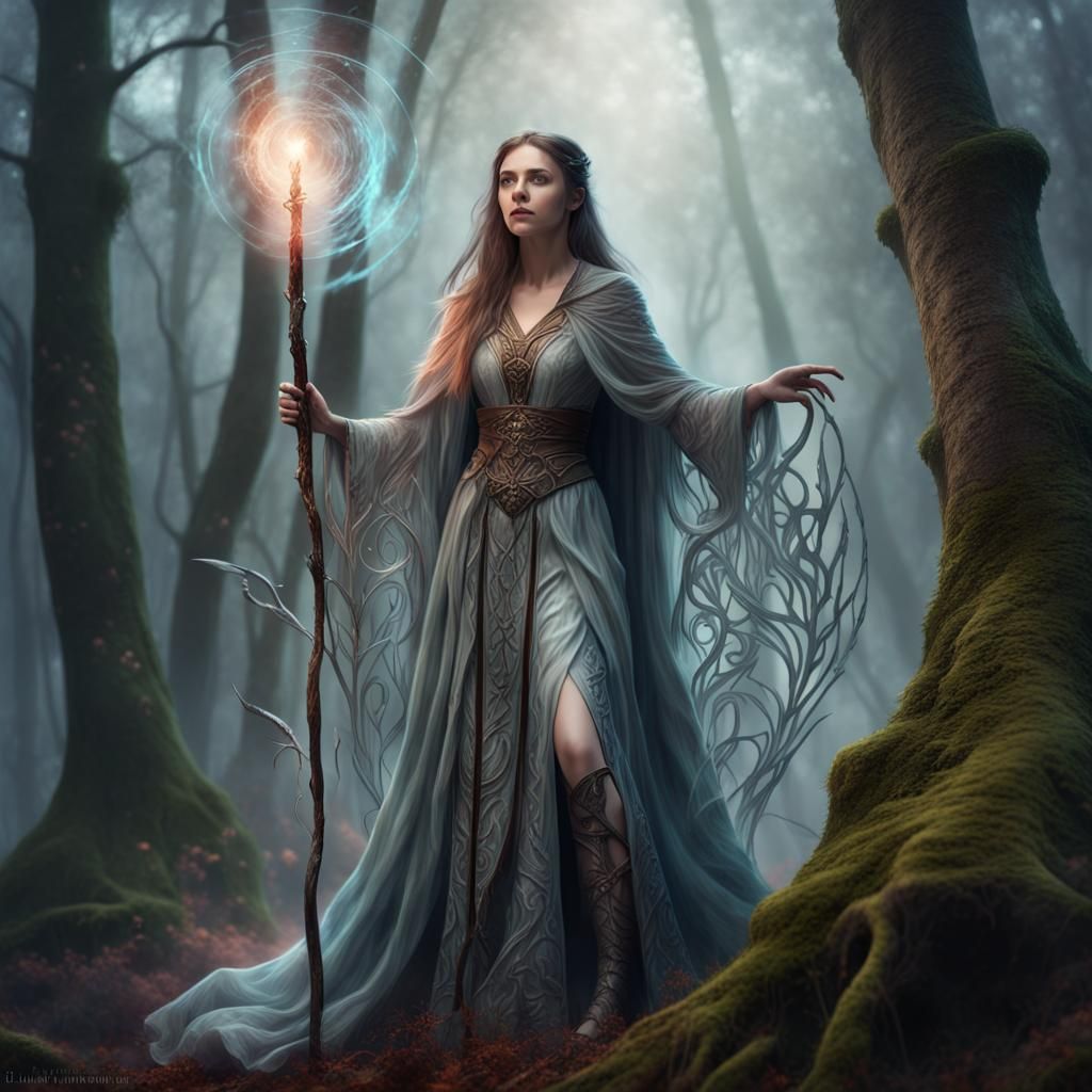 Mystical Sorceress in Ancient Forest: Hyper-Realistic Portra...