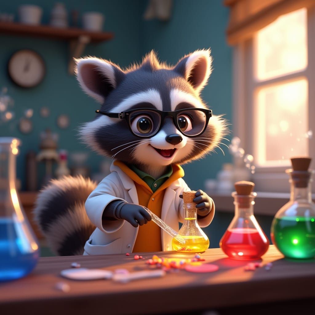 Pixar-Style Raccoon Mixes Potions in Laboratory