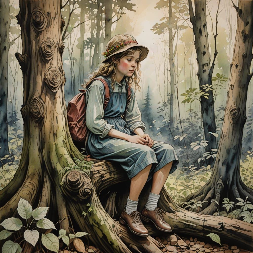 Young Girl Sitting in Forest Glade